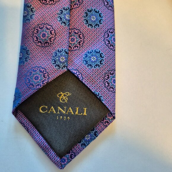 Canali 100% Silk Pink and Blue Medallion Tie - Picture 3 of 7